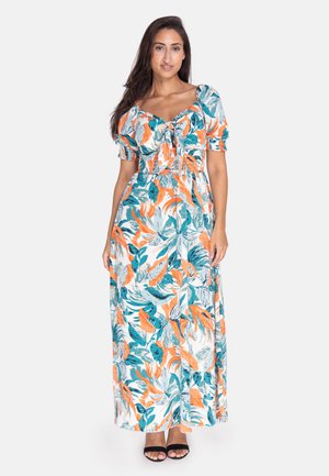 Robe maxi avec un motif floral en turquoise, orange et vert sur un fond blanc ; manches courtes à volants ; buste ajusté avec un détail à nouer.