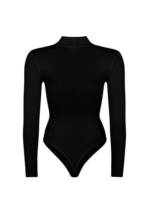 Zwarte lange mouwen bodysuit met hoge hals en aansluitende taille, weergegeven op een witte achtergrond.