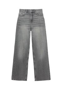 Jean gris à jambes larges avec cinq poches et une fermeture à boutons, présentant un léger effet usé sur les cuisses.