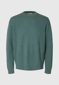 Pull en tricot vert, col ras du cou, manches longues, poignets et ourlet côtelés, texture douce, couleur unie, design décontracté, sans motifs ni éléments métalliques visibles.