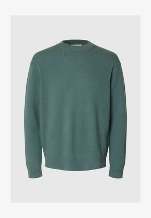 Knit green sweater, crew neckline, long sleeves, ribbed cuffs and hem, soft texture, solid color, casual design, no visible patterns or hardware.
