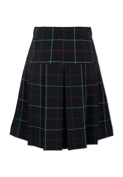 Jupe à carreaux noirs avec un motif de grille rouge et blanc, featuring des plis et une taille élastique pour un ajustement ajustable. Matériau en mélange de coton.