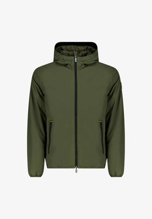 Giacca con cappuccio verde oliva con una texture liscia, cerniera frontale e due tasche laterali con cerniera. Presenta polsini elastici e un design leggero.