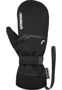 Zwarte wanten van softshellmateriaal met een waterdicht label. Bevat een beveiligde strap rond de pols en textuuraccenten voor grip.