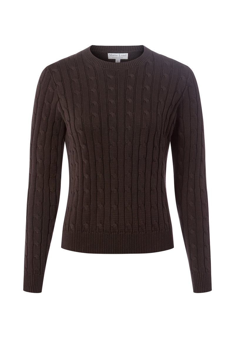 Brązowy sweter w splot kabelkowy z okrągłym dekoltem, długimi rękawami oraz ściągaczami u dołu i na rękawach. Wykonany z miękkiego materiału dzianinowego, z teksturowanym wzorem.