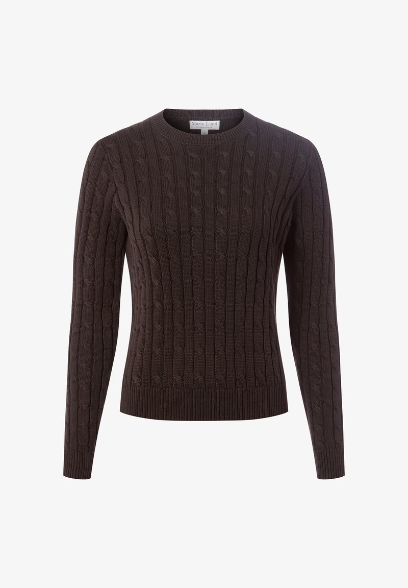Brązowy sweter w splot kabelkowy z okrągłym dekoltem, długimi rękawami oraz ściągaczami u dołu i na rękawach. Wykonany z miękkiego materiału dzianinowego, z teksturowanym wzorem.