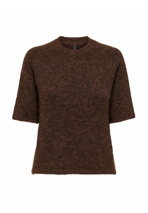 Brązowy sweter z krótkim rękawem, wykonany z miękkiego, teksturowanego materiału; ma okrągły dekolt i luźny krój.