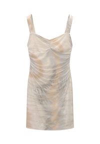 Robe sans manches et cintrée avec un motif tie-dye aux tons beige et marron clair. Confectionnée dans un tissu lisse et extensible avec des détails froncés.