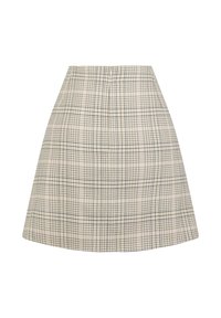 Krótka spódnica w kratę z beżowym tłem oraz granatowymi i jasnoniebieskimi kratkami, dopasowana w talii, o delikatnej fakturze. Bez widocznych zapięć.