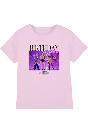 Light pink t-shirt with "BIRTHDAY CREW" text and three animated female K-pop characters in colorful outfits on a purple background.