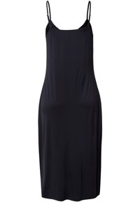 Vestido negro sin mangas con tirantes delgados ajustables, textura suave, corte hasta la rodilla y diseño minimalista sin estampados ni detalles de hardware.