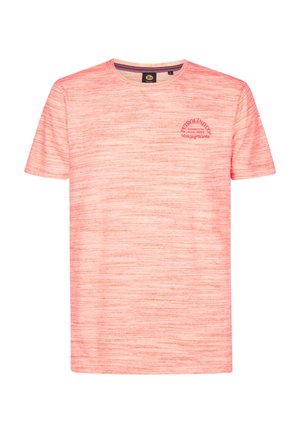 Light pink short-sleeve t-shirt with a textured, striped pattern. Features a small circular logo in red on the upper left chest area.