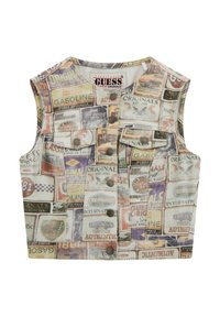 Top senza maniche a taglio corto realizzato in tessuto con un collage di etichette vintage, principalmente in beige, marrone e colori tenui, con bottoni metallici.