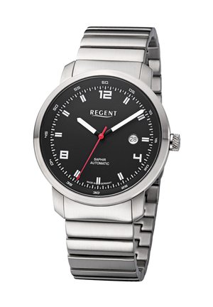 Herrenuhr Regent mit schwarzem Zifferblatt, weißen Stunden- und Minutenzeigern, rotem Sekundenzeiger, Datumsanzeige und silbernem Metallarmband.