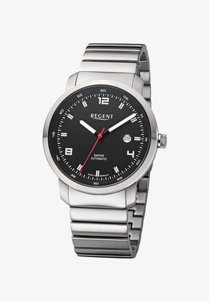Men’s Regent wristwatch with black dial, white hour and minute hands, red second hand, date display, and silver metal band.