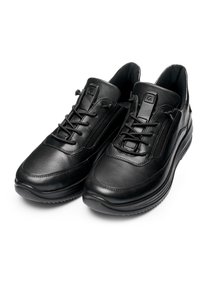 Black leather shoes with a smooth texture, rounded toe, and flat rubber sole. Features traditional lacing system and reinforced eyelets.