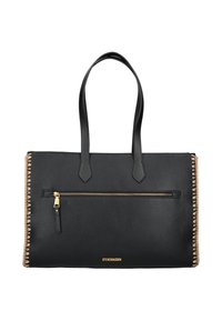 Sac fourre-tout rectangulaire noir en cuir avec double poignées, poche zippée dorée à l'avant, bords cousus couleur beige et petit logo doré "Steve Madden".