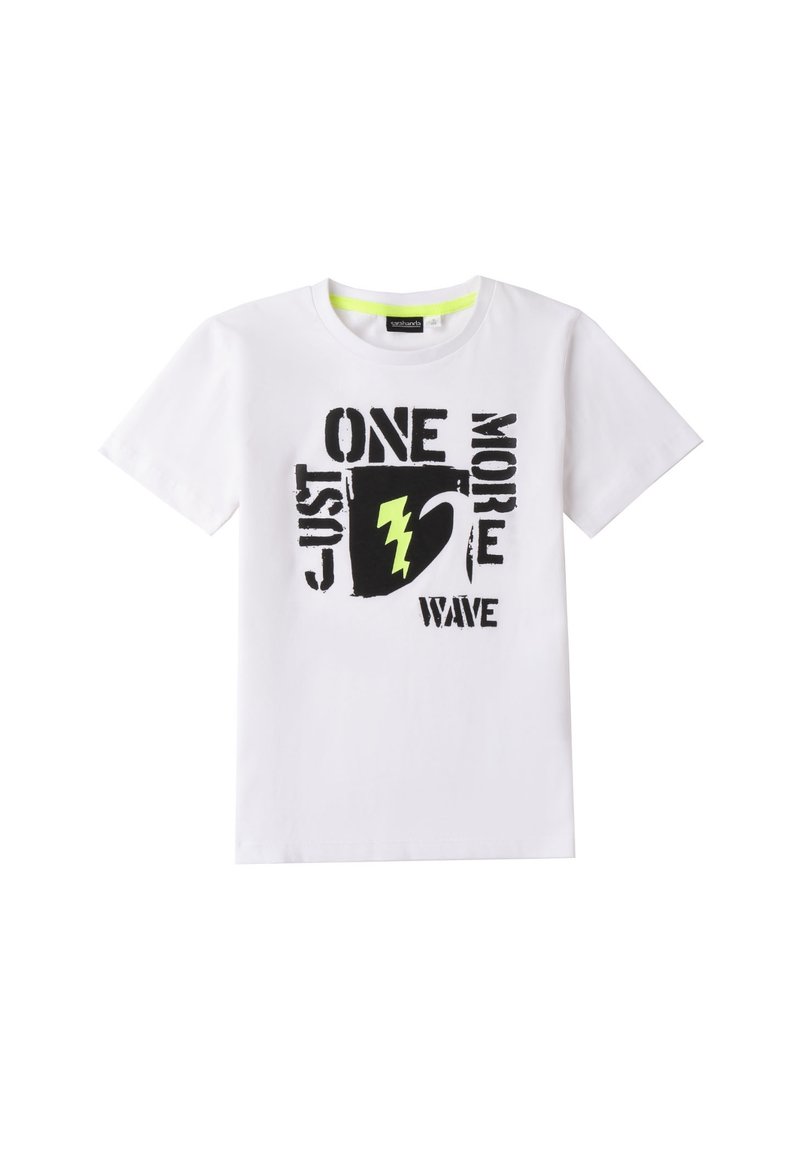 Camiseta blanca de manga corta con un gráfico en negro y amarillo que dice "SOLO UNA OLA MÁS" y un diseño de rayo.