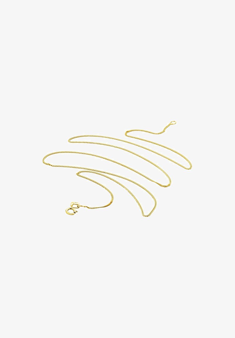 Guldtonet metal kæde med et snoet design. Udstyret med en klo-lås og forlængede led, arrangeret i et flydende, kurvet layout.