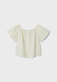 Gestreifte, weiße und hellgelbe Bluse mit schulterfreiem Design, kurzen, weiten Ärmeln, Raffung am Ausschnitt und leichtem Stoff.