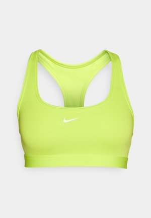 Neon zielony stanik sportowy o gładkiej fakturze, z tylnym zapięciem w stylu racerback oraz białym logo Nike umieszczonym na środku przodu.