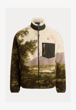 Flis jakna z visokim ovratnikom, z barvnim blokiranim dizajnom v zelenih odtenkih, krem in rjavi barvi ter sprednjim žepom z detajli iz kovine.