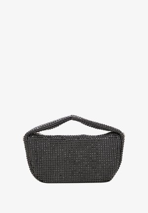 Fekete gyöngyökkel díszített táska, kerek formával, amelyek texturált fogantyúval záródik. Simán zárható cipzárral és szőtt mintázattal rendelkezik.