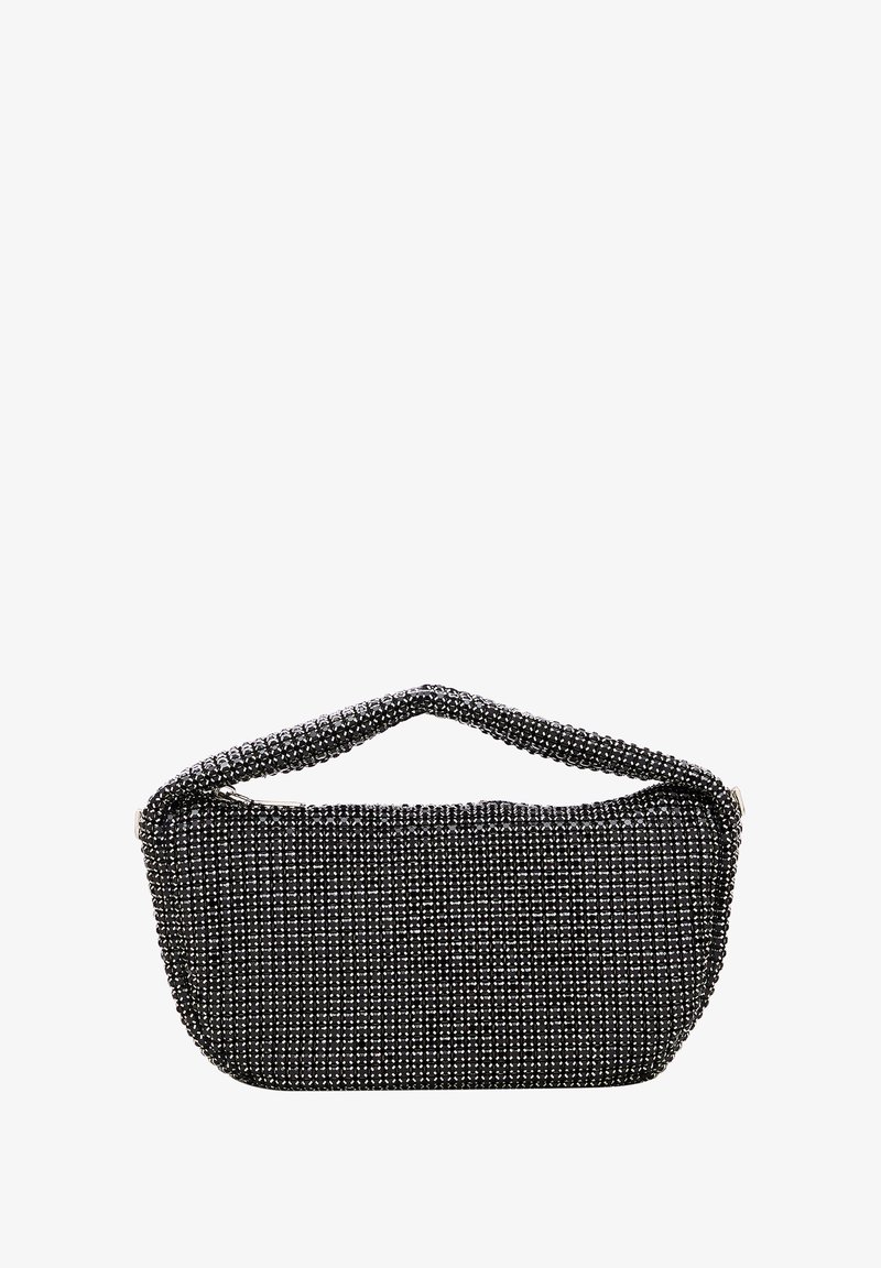 Sac à perles noires de forme ronde, surmonté d'une anse texturée. Il est doté d'une fermeture éclair lisse et d'un design tissé sur toute la surface.