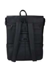 Zaino in pelle nera con due spallacci imbottiti, una maniglia superiore e una tasca con zip sul pannello posteriore.