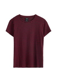 Rød og sort stribet T-shirt med rund halsudskæring og korte ærmer, lavet af blødt stof. Lige skåret kant med en afslappet pasform.