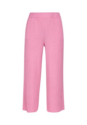 Lichtgewicht roze broeken met een gestructureerde stof, cropped wijde pijpen en een elastische tailleband, ontworpen voor comfort en gebruiksgemak.
