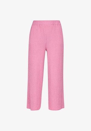 Helle rosa, leichte Hose aus strukturiertem Stoff mit cropped, weiten Beinen und elastischem Bund, entworfen für Komfort und einfache Handhabung.