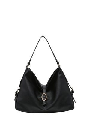 Sac à main en cuir noir avec une seule bandoulière, boucle ovale dorée sur la sangle avant et forme souple et décontractée.