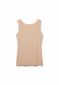 Beige, mouwloze tanktop met een brede scoopnek, gemaakt van een gladde, lichtgewicht stof. Beschikt over een rechte zoom en een minimalistisch ontwerp.
