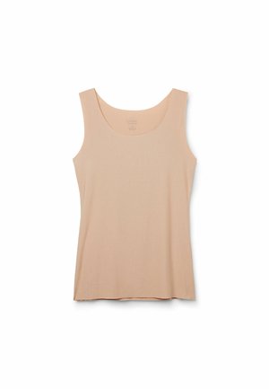 Beige, sleeveless tank top with a wide scoop neck, made from smooth, lightweight material. Features a straight hem and minimal design.