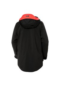 Czarna wodoodporna kurtka z czerwonym kapturem i logo z tyłu. Posiada regulowane mankiety oraz luźny krój dla wygody.