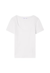 T-shirt bianco a coste con scollatura a girocollo. Maniche corte e forma aderente, realizzato in morbido cotone. Tessuto leggero.