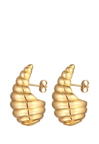 Boucles d'oreilles dorées en forme de coquillage, avec un design en spirale et une finition lisse et réfléchissante, s'attachant par un support à tige.