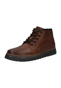 Braune Leder-Ankle-Boots mit schwarzem Gummisole, Schnürung vorne und gepolstertem Kragen, entworfen für Freizeit- und Outdoor-Aktivitäten.