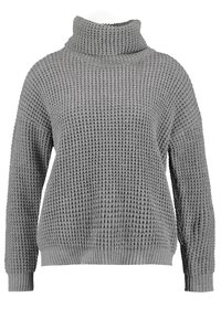 Grauer, strukturierter Pullover mit hohem Kragen und weiten Ärmeln. Hergestellt aus einem groben Strickmaterial, mit gerippten Bündchen und Saum.