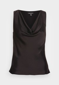 Top senza maniche in satin nero con scollo a cascata, texture liscia e leggero drappeggio. Design semplice ed elegante senza decorazioni visibili.