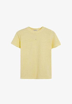 T-shirt di cotone gialla con maniche corte. Caratterizzata da un collo rotondo e un piccolo logo ricamato sul petto. Texture morbida e liscia.