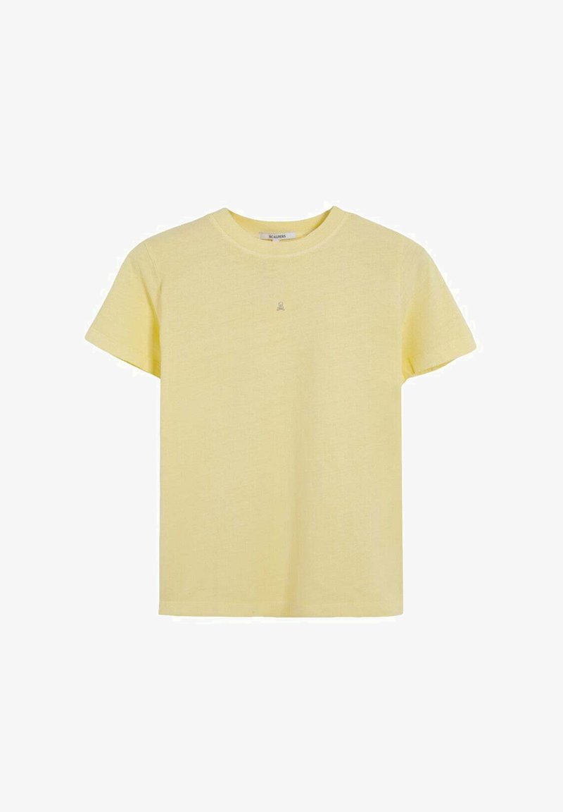 Yellow cotton t-shirt with short sleeves. Features a round neckline and a small embroidered logo on the chest. Soft, smooth texture.