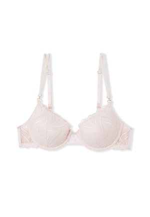 Soutien-gorge rose clair avec motif de feuilles brodé, bonnets rembourrés, bretelles réglables et dentelle en bordure. Détails métalliques dorés sur les clips des bretelles.