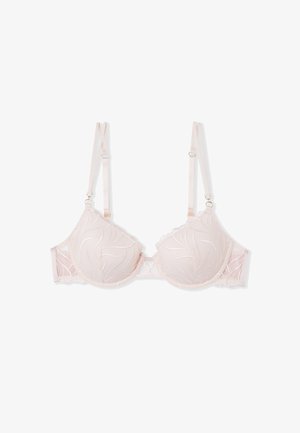 Reggiseno rosa chiaro con motivo di foglie ricamate, coppe imbottite, spalline regolabili e rifiniture in pizzo. Dettagli in metallo dorato sulle clip delle spalline.
