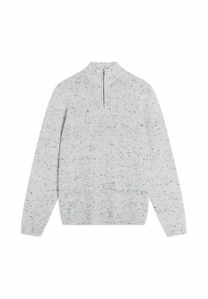 Lichtgrijze sweater met een hoge kraag en halve rits, voorzien van een textuurpatroon met een gemêleerd garen in donkere kleuren.