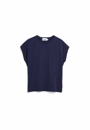 Navy blue short-sleeve crew neck T-shirt with a small white label near the hem and brand tag inside the neckline.