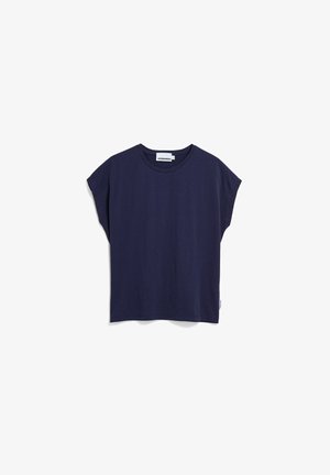 Navy blue short-sleeve crew neck T-shirt with a small white label near the hem and brand tag inside the neckline.