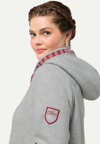 Grauer Kapuzenpullover mit roter Blumenstickerei entlang des Kragens und einem Logopatch am Ärmel. Weicher Stoff mit lockerer Passform.
