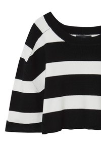 Schwarz-weißer gestreifter Pullover mit weitem Ausschnitt, gerippten Bündchen und lockerem Schnitt. Verfügt über abwechselnd dicke und dünne Streifen.